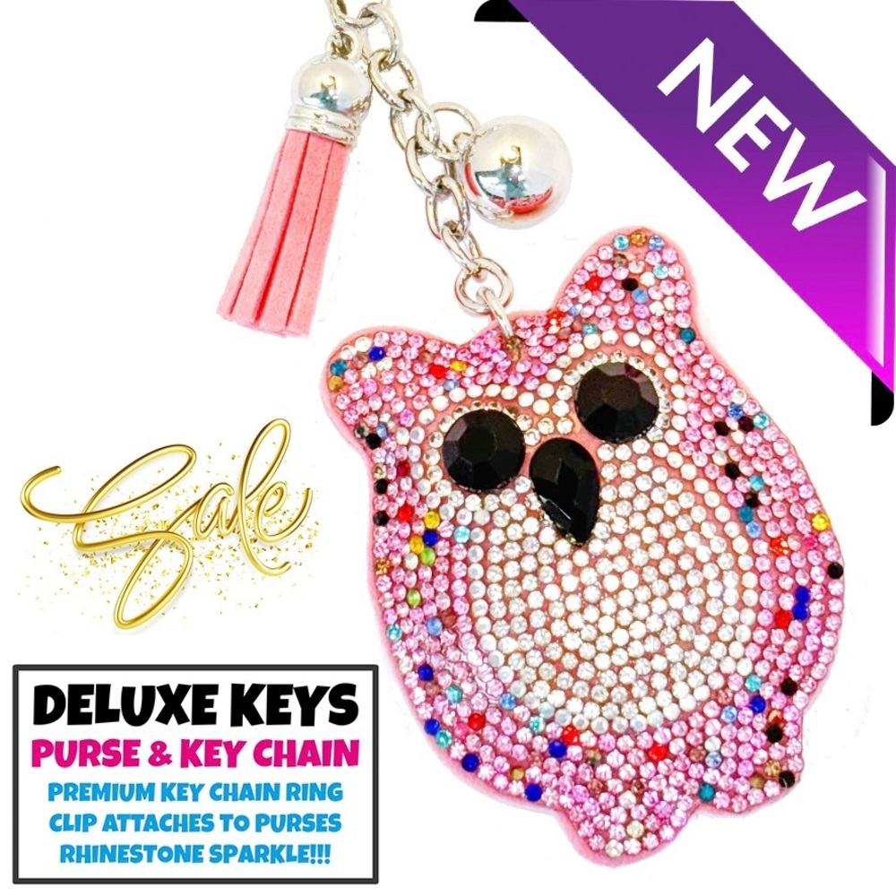 DeLuxe Keys Rhinestone Keychain/Purse Chain PINK OWL
